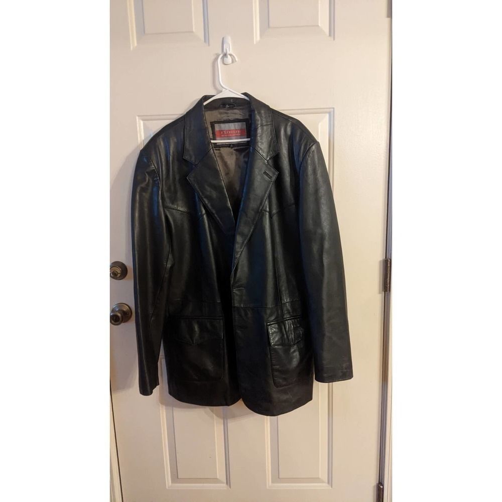 Excelled Leather Black Leather Jacket, 46 Tall Vintage - Picture 2 of 15